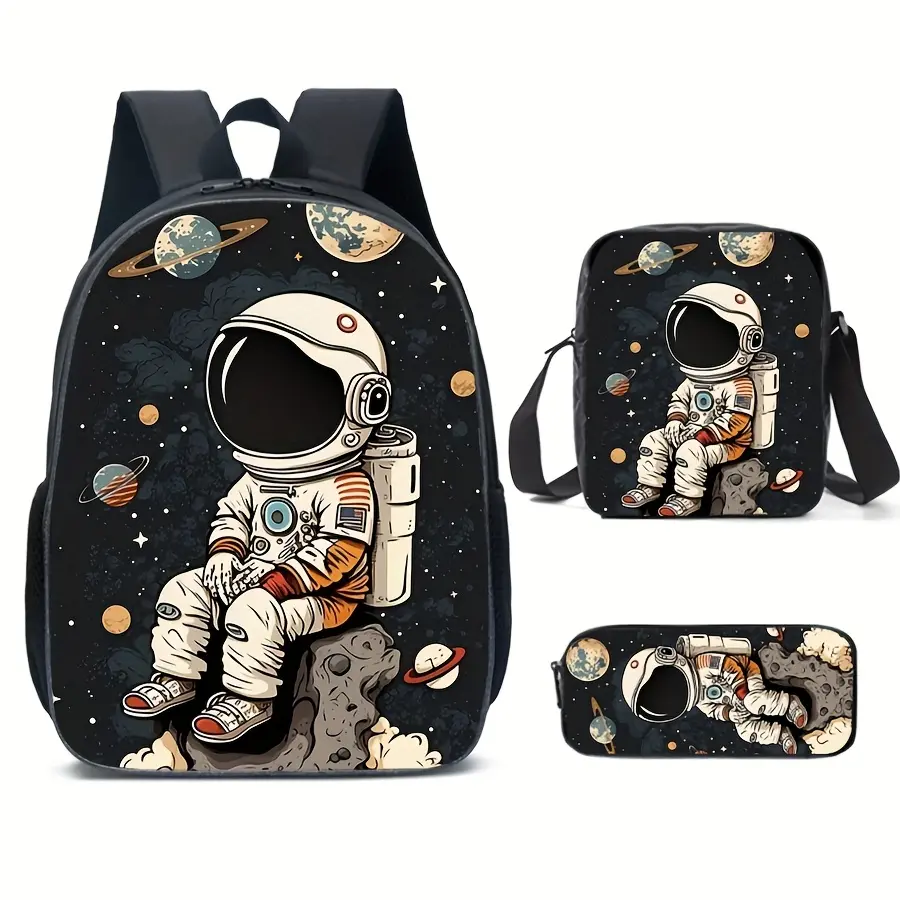 Space Astronaut 3-Piece Backpack Set, 2 Cosmic Designs (Moon Landing & Rocket Ride) School Bag + Lunch Bag + Pencil Case, Oxford Cloth Adjustable Strap Daypack for Kids & Space Fans