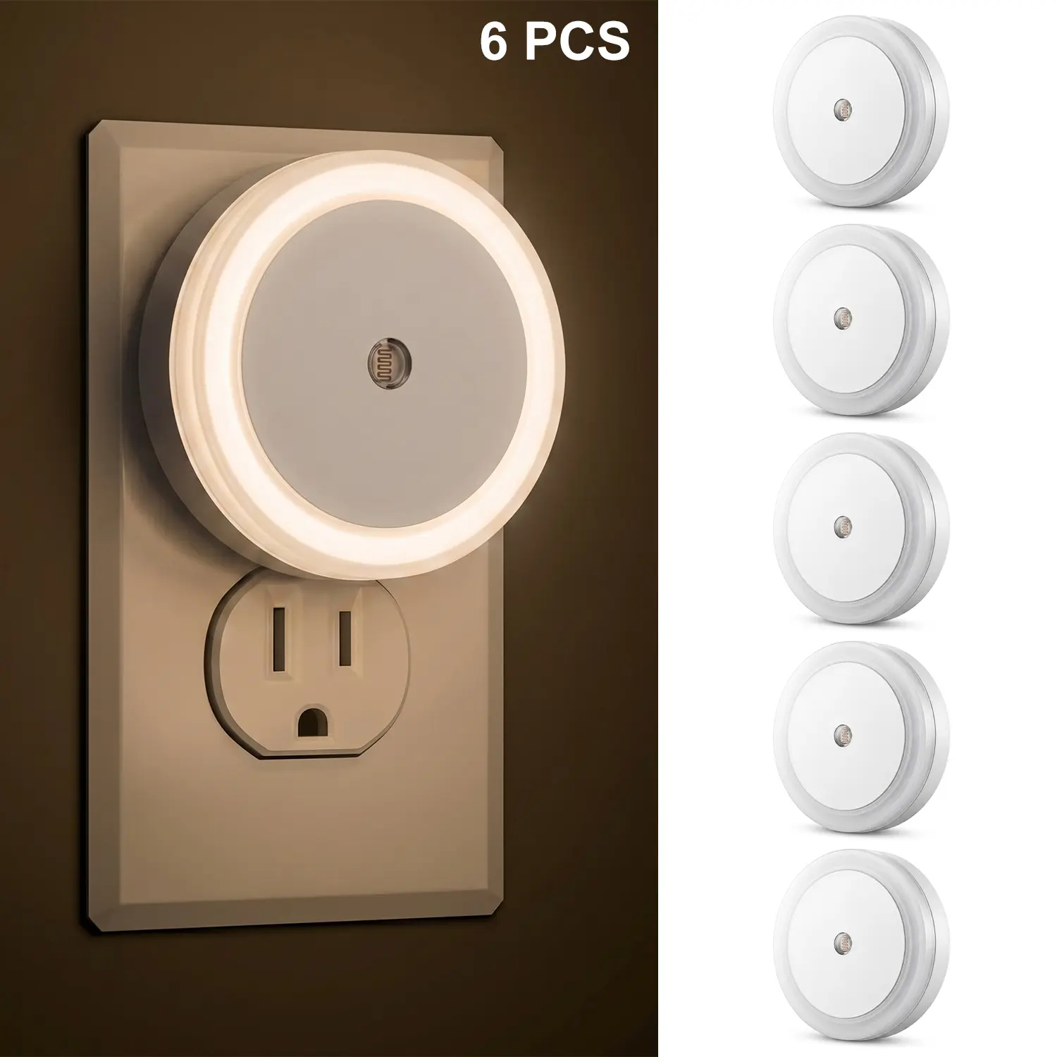 6 Pack Plug in Night Lights with Dusk to Dawn Sensor, Warm White LED Nightlight for Bedroom, Bathroom, Hallway, Stairway & Nursery