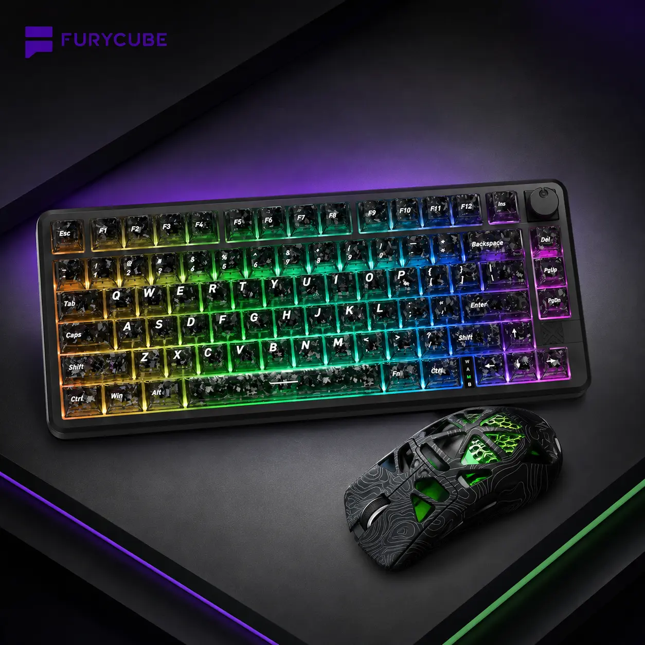 FURYCUBE FC75 PRO Gaming Keyboard + G11 Gaming Mouse Combo, PBT Keycaps, RGB Lighting, 3-Way Tri-Mode Connection (USB-Type C Wired/2.4G Wireless/Bluetooth), Built-In Bat., Budget Gamer Setup, Gift Option