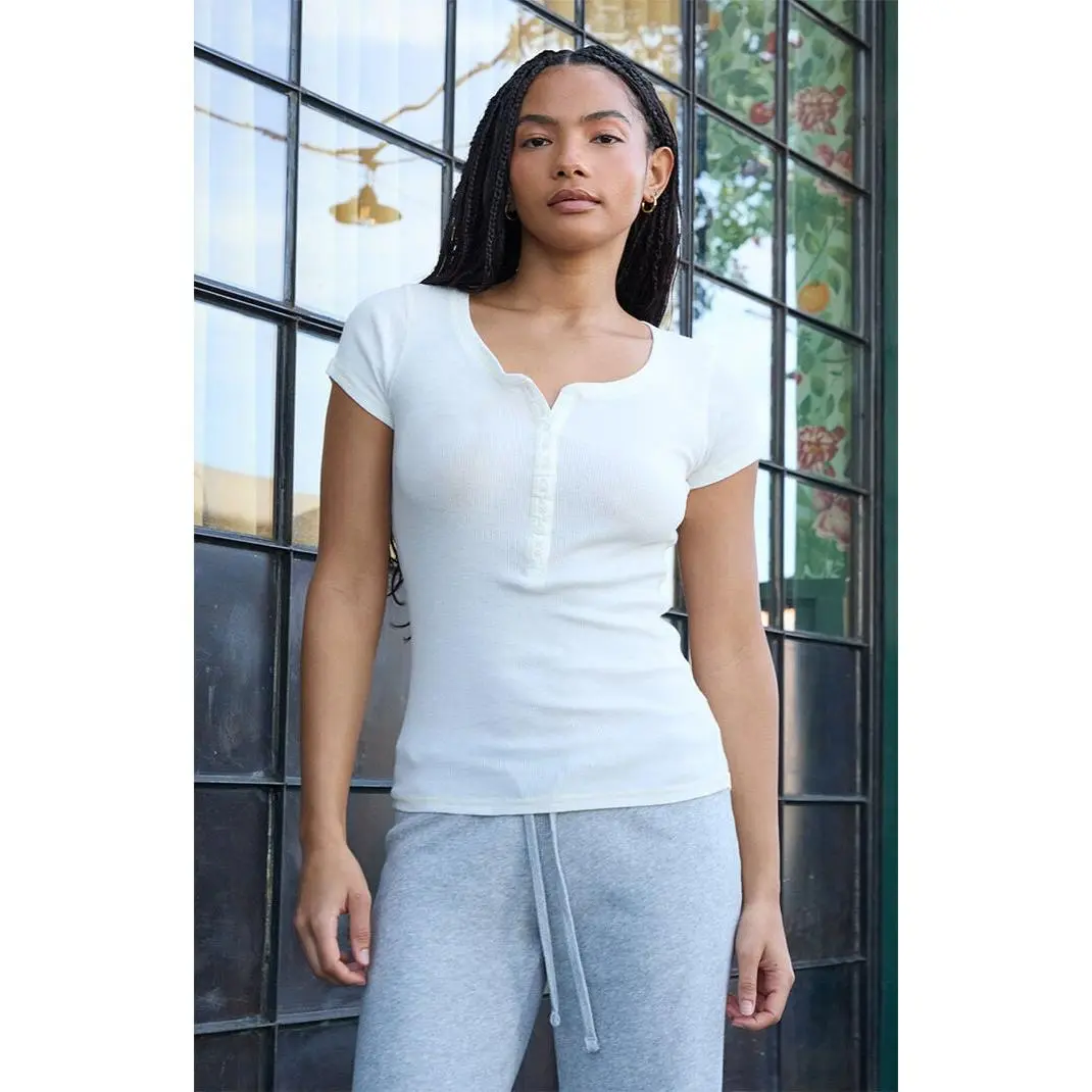 John Galt Women's White Short Sleeve Henley Top
