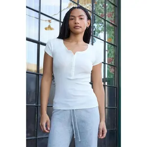 John Galt Women's White Short Sleeve Henley Top