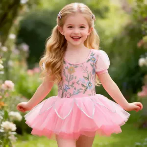Girls Floral Embroidered Ballet Tutu Dress with Puff Sleeve Tulle Design, Essential for Dance Performances