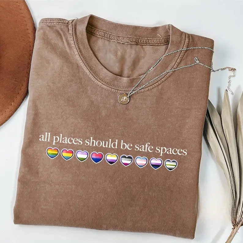 Women's Fitted Short-Sleeve Round Neck Casual Top - All Seasons Pride Element T-Shirt, "All Places Should Be Safe Spaces" LGBT Awareness Trans Rights Gift, Shortsleeve, Pride Element Women's T-Shirts