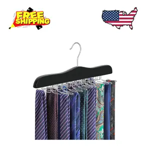 Tie Rack Hanger for Closet, Wooden Tie Organizer with 24 Folding Hooks, Black