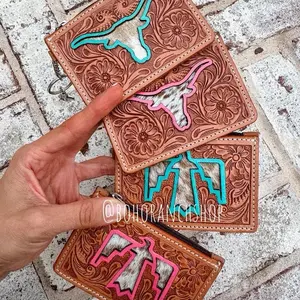 Longhorn Thunderbird TAN  Leather Cowhide keychain Wallet - credit cards money cash