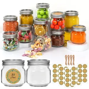 30 Pack Mason Jars 8 oz with Lids And Bands, Half Pint Canning Jars, 1/4 Quart Small Glass Jars with 40 Free Labels for Jam, Pickles And DIY Airtight Containers Kitchen Utensils Canister Tin