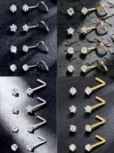 4Pcs Glitter Nose Studs 20G Stainless Steel Spiral Nose Ring Nostril Piercing Nose Stud Earrings Ladies Men Nostril Studs Piercing Jewelry
