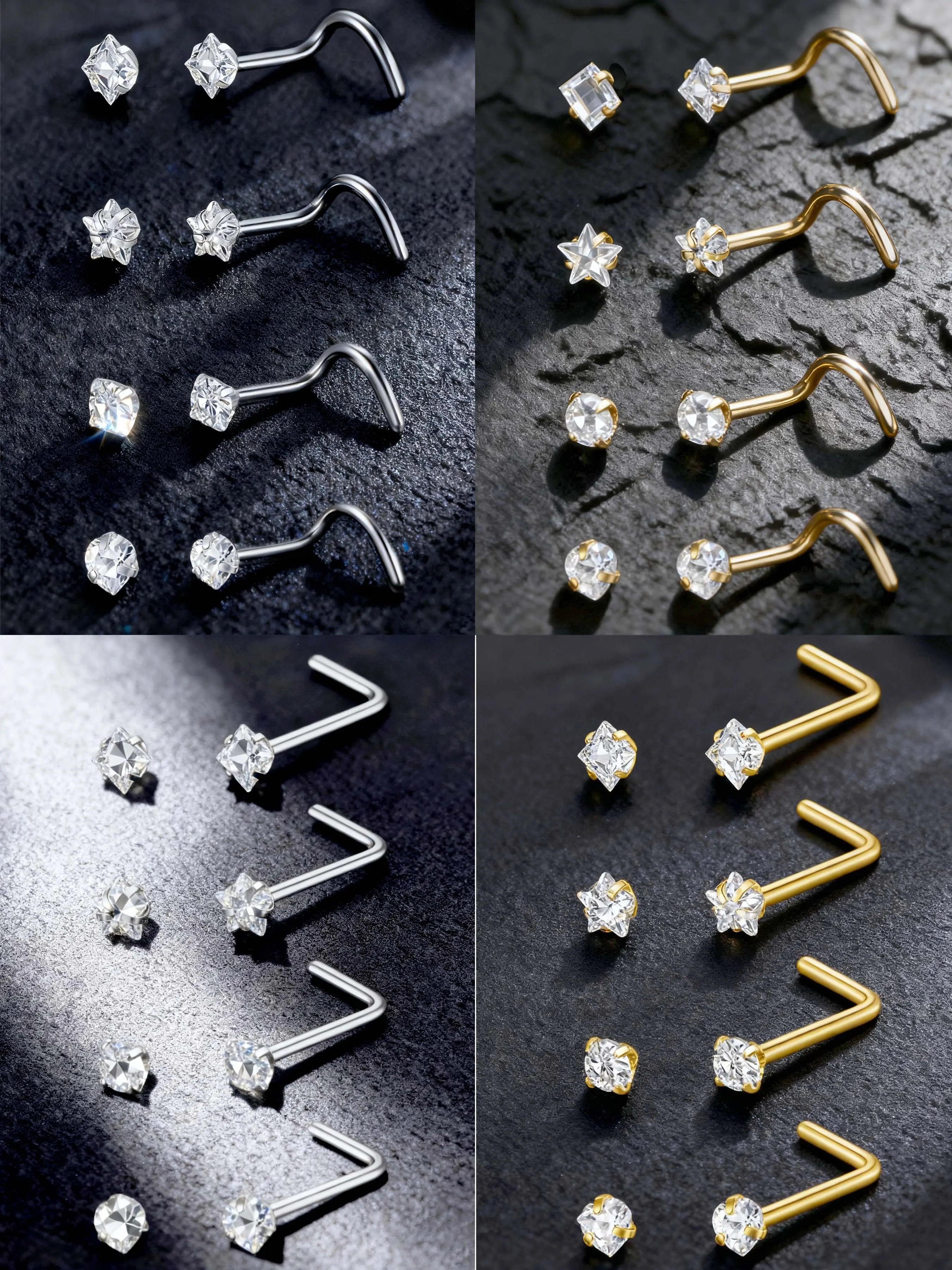 4Pcs Glitter Nose Studs 20G Stainless Steel Spiral Nose Ring Nostril Piercing Nose Stud Earrings Ladies Men Nostril Studs Piercing Jewelry Body Jewelry