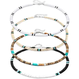 4 Pcs Puka Shell Necklace for Men, Summer Beach Necklace for Women and Men, Brown Coconut Shell Beaded Necklace, Mens Surfer Necklace Choker, Hawaiian Necklace for Men Women