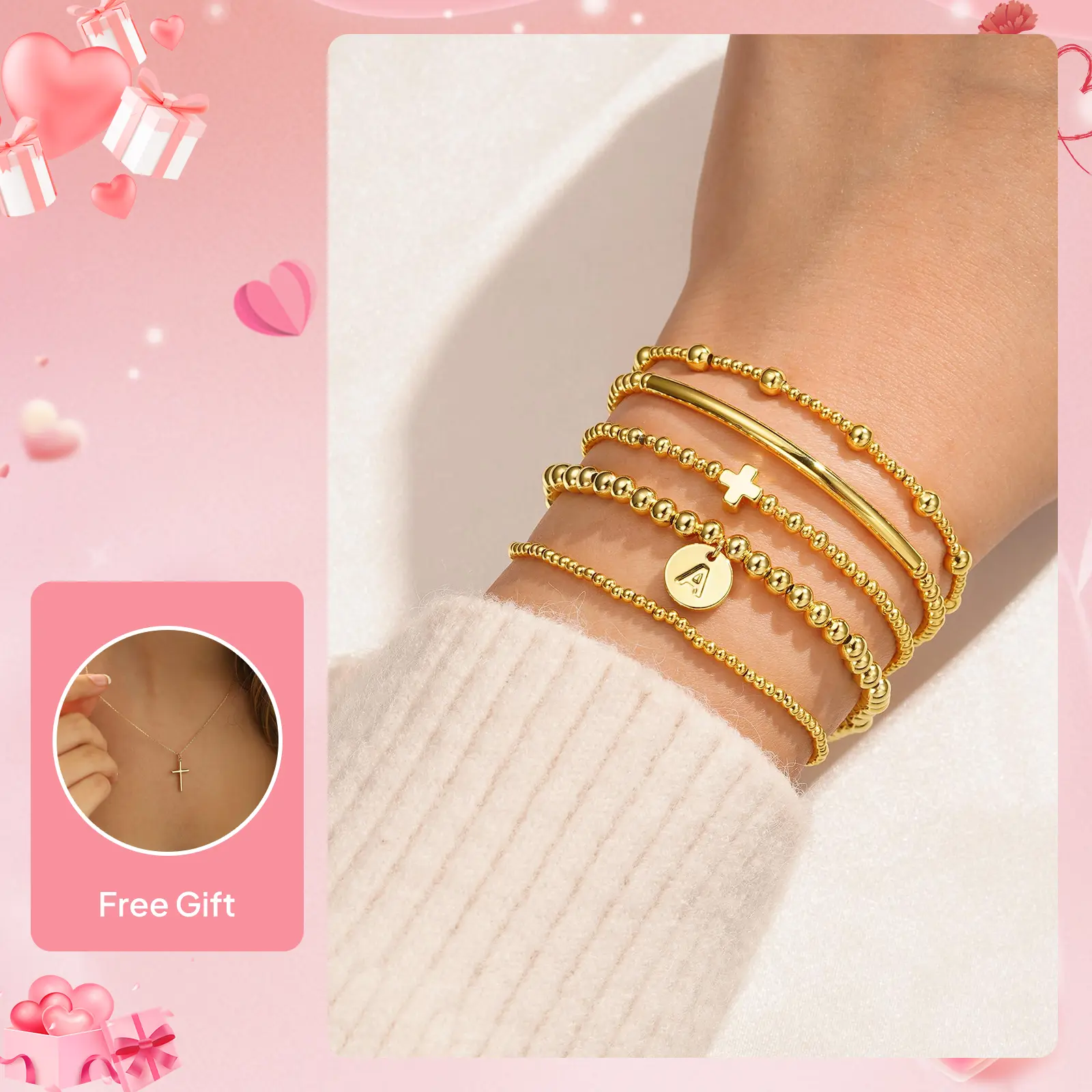 Turandoss Girls' Dainty Beaded Strand Gold Cross Initial Bracelet Set, A-Z Customized Pieces, Gold Bracelet Stack for Women, Easter-Mother's Day Gifts, Beaded Strand Bracelet