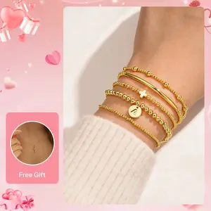 Turandoss Gold Cross Initial Bracelet Set for Girls, Dainty Beaded Layered A-Z Letter Bracelets, Easter Gift, Mother Day Gift Ideas