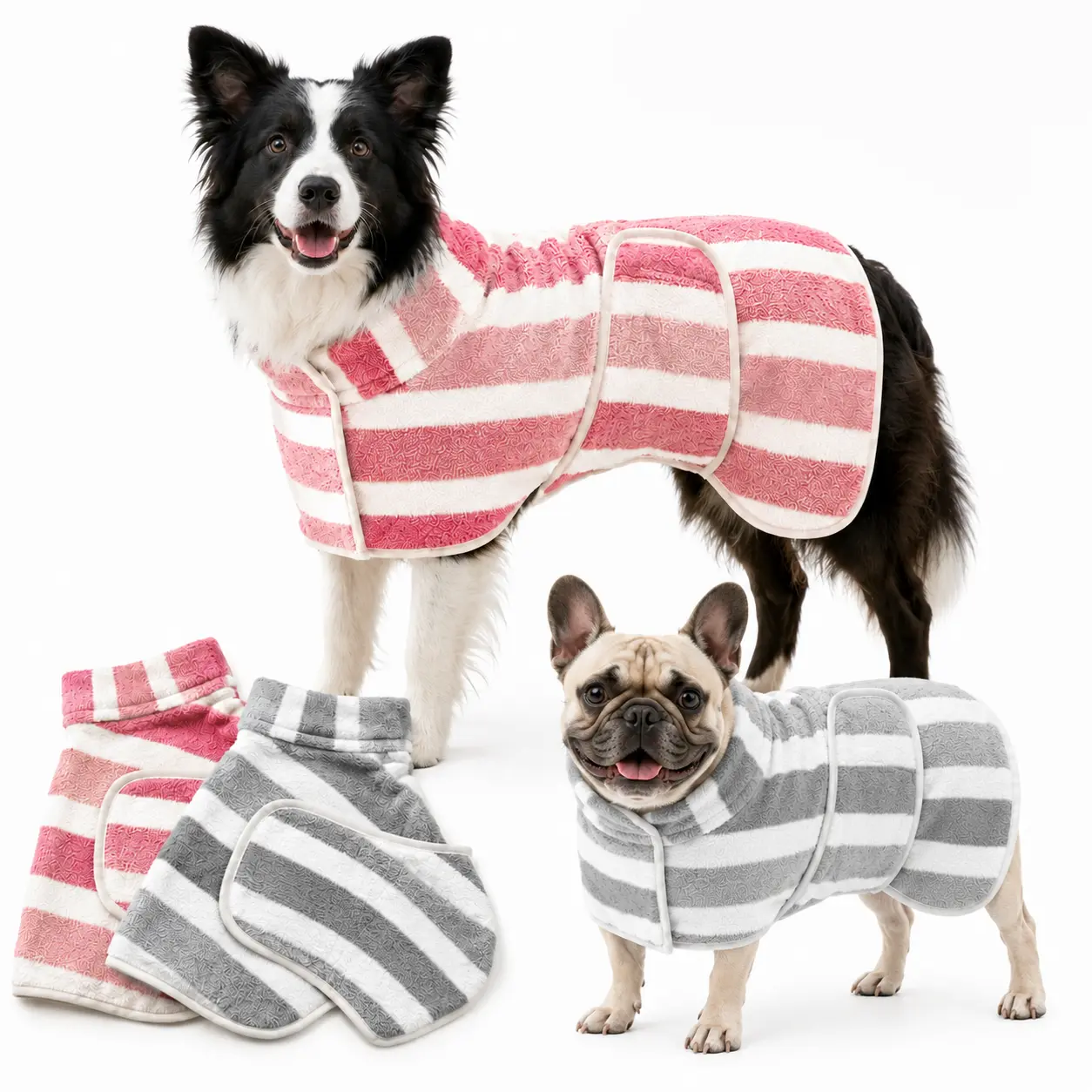 Quick-Drying Dog Bathrobe, 1-Piece Striped Clean Pet Bathrobe with Adjustable Belly Band, Super-Absorbent Soft Fabric, Machine Washable