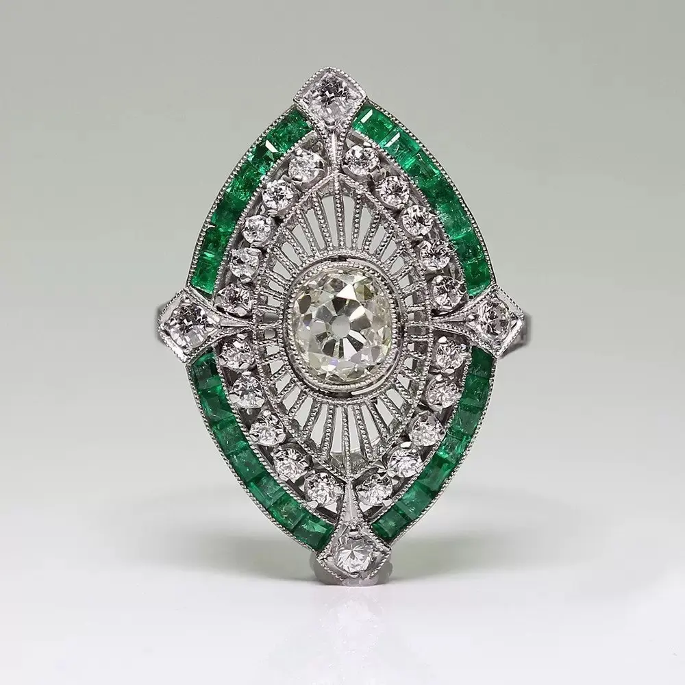 Emerald Green Zircon Marquise Ring Exaggerated Marquise Design Easy To Match with Daily Outfits