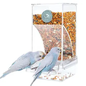 Bird Parrot Feeders, No Mess Automatic Cage Feeder Dispenser Food Container, Auto Bird Seed Bowl for Small Medium Birds, Cockatiel Canary Cockatoos Parakeet Conure Lovebird, Acrylic Clear (Feeder)