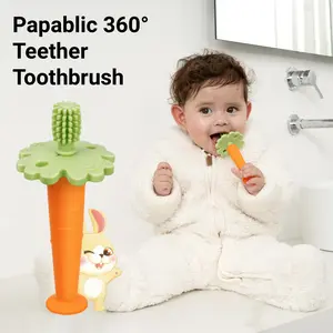 Papablic Baby Carrot Teether Toothbrush, for 6-12 Months, Newborn Sensory Teething, 360° Silicone Teether Toy with Suction Base, FDA-Compliant & Dentist Approved, Reduce Drool & Teething Pain, Toddler Christmas Gifts