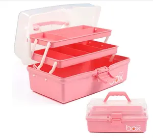 12in Three-Layer Multipurpose Storage Box, Folding Tool Box/Art & Crafts Case/Sewing Supplies Organizer/Medicine Box/Family First Aid Box with 2 Trays (Pink)