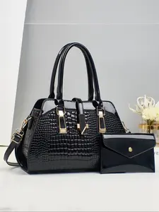 Women's Two-Piece Handbag Set, Crocodile Pattern Glossy Leather Shoulder Bag with Top Handle and Small Wallet, Large Capacity Crossbody Bag, Adjustable Strap Satchel, Handbag Combo