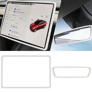 2PCS Protector Trim Frame Fits for Tesla Model 3 Y 2017 - 2024 2025 2026 Screen Edge Frame Rearview Mirror Cover Interior Silicone Decorations Center Console Decor Highland Juniper Accessories (White)
