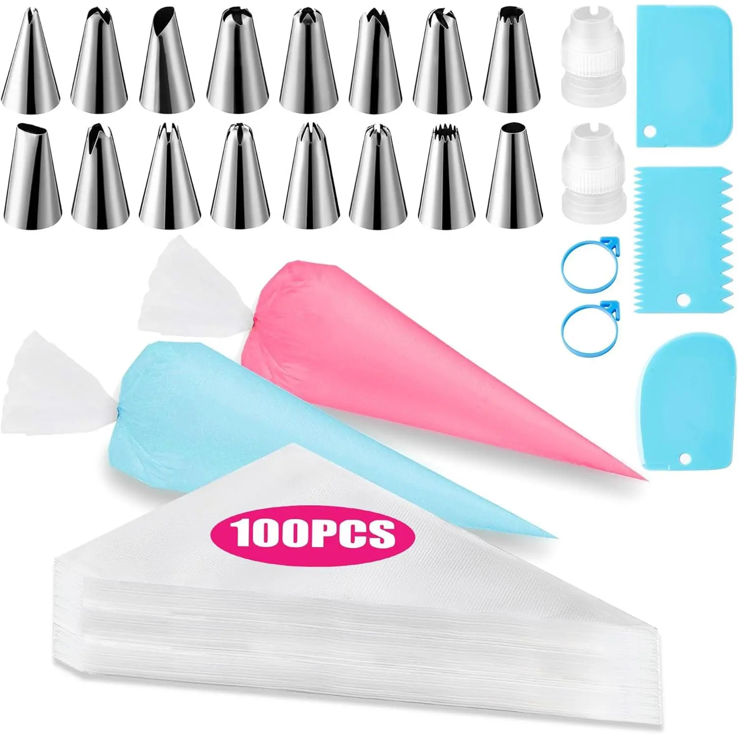 Piping Bags and Tips Set, Cakes Decorating Supplies Kit with 100 count 12 Inch Pastry Bags, 16 Piping Tips, 3 Cake Scraper, 2 Couplers, 2 Bag Ties, Simple and Convenient Baking Supplies Set