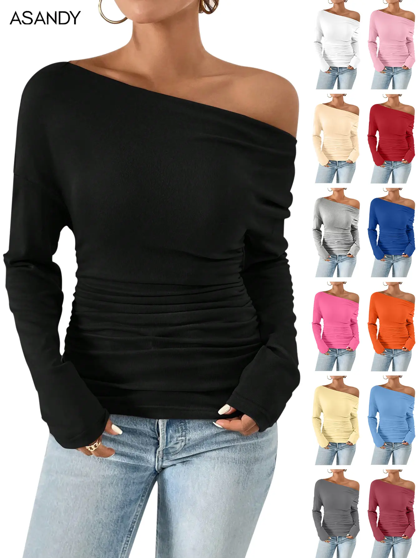 ASANDY Women's Minimalist Slim Long Sleeve Blouse - Lady's Fashion Apparel with Ruched Asymmetrical Neck, Drop Shoulder for Spring, Fall Everyday Tops Style (Black), Blouses, Flattering Tops, Drop Shoulders, Elegance, Fit, Shirt, Trendy Blouses