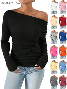 ASANDY Women's Plain Ruched Asymmetrical Neck Drop Shoulder Longsleeves T-Shirt - Elegant, Comfortable, Minimalist Top with Elegance & Style for Spring, Fall Daily & Office Wear (Black),summervibes