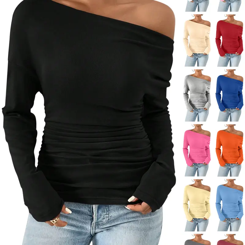 ASANDY Women's Elegant Slim Long Sleeve Blouse - Lady's Style Tops for Women with Ruched Asymmetrical Neck, Drop Shoulder, Flattering Fit, Casual Basic, Comfortable Minimalist for Spring, Fall Everyday Wear (Black)