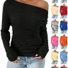 ASANDY Women's Elegant Slim Long Sleeve Blouse - Lady's Style Tops for Women with Ruched Asymmetrical Neck, Drop Shoulder, Flattering Fit, Casual Basic, Comfortable Minimalist for Spring, Fall Everyday Wear (Black)