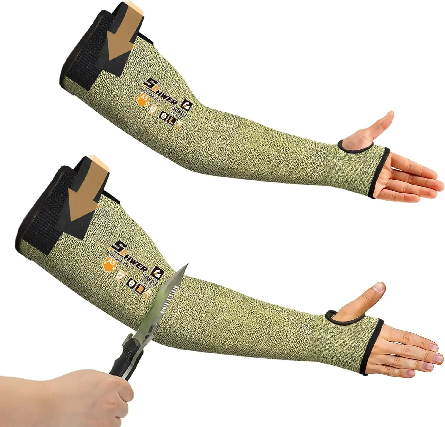 Schwer CORE ANSI A5 Rated Aramid Blend Full Knit Arm Protection Sleeves S081, Adjustable Hook-and-Loop Thumbhole Fit, Cut/Flame Safe for Metal/Glass Work & Lifting