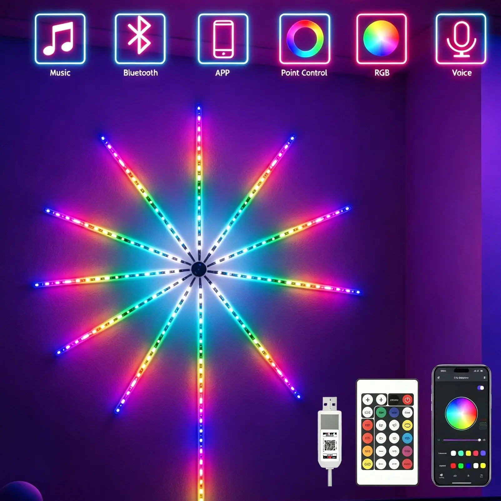 1pc Intelligent LED RGB Fireworks Light,Bedroom Color Changing LED Light with Emission Effect,Controlled by Application and Remote Control,Dynamic Fireworks Scene and Music Synchronization,Suitable for Festival Decoration,Party Decorations,Led Home Decor
