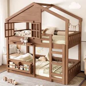 Twin over Twin Bunk Bed Frame/Loft Bed with Bookshelf, House Design, High-Quality Safety Fencing,Natural