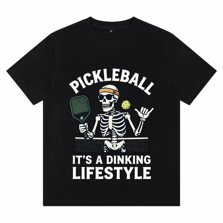 Men's Pickleball Tops - Short-Sleeve Menswear Casual Sport T-Shirt, Black with Skeleton Design, "It's A Dinking Lifestyle" Print for Enthusiasts, Shortsleeve, Round Neck, Stylish, Tee, Bold Text
