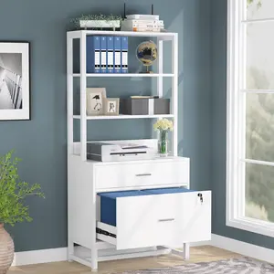LITTLE TREE 2 Drawer Lateral File Cabinet with Lock, Letter Size Large Modern Filing Cabinet Printer Stand with Open Storage Shelves for Home Office