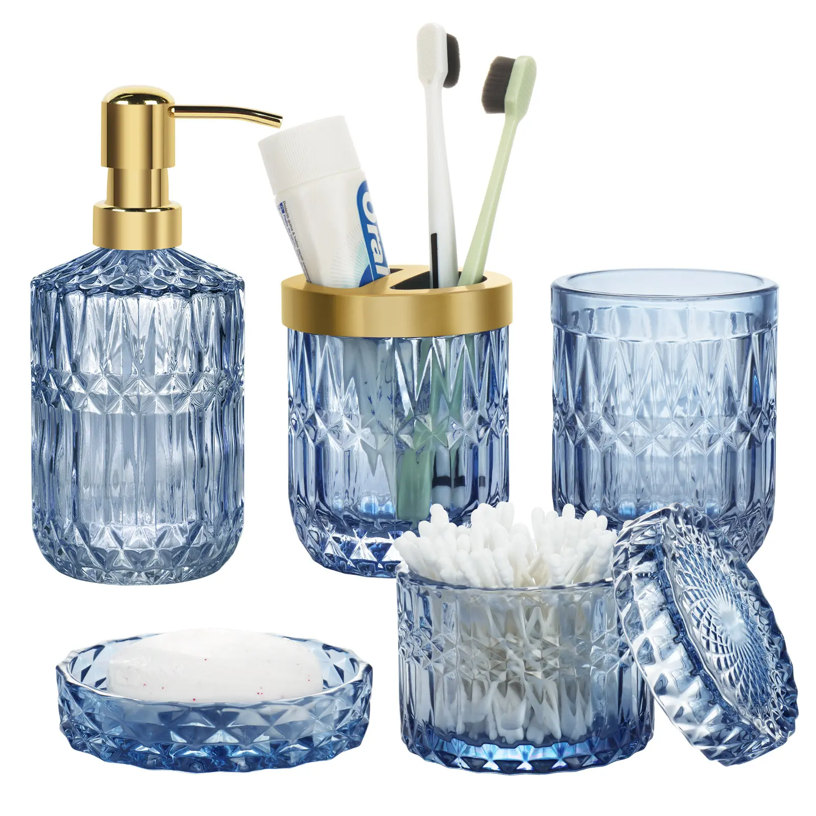 Eco-Friendly 5-Piece Lead-Free Blue Glass Bathroom Accessory Set for Adults - 12.8 oz Modern Durable Home Goods, Cameo Design, Damp-Safe, Includes Soap Dispenser, Soap Dish, Toothbrush Holder, Tumbler, Cotton Swab Jar, Shaver Holder
