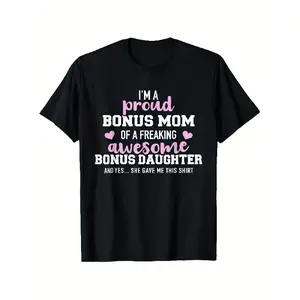 Women's Bonus Mom T-Shirt - Funny Step Mom Gift - Black Shirt with Pink Lettering - Crew Neck Casual Tee - Bonus Daughter Birthday/Mother's Day Present - Machine Washable Family Apparel, Sentimental Gift, Graphic Print Shirt, Allseason Wear
