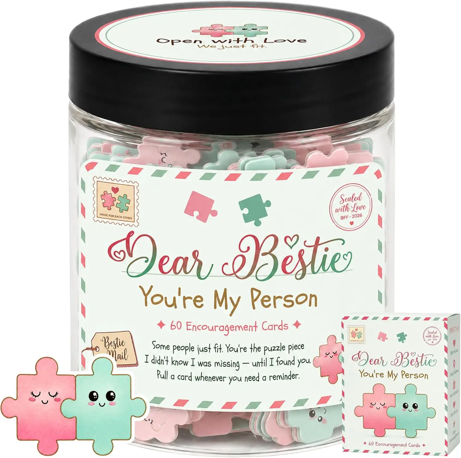 Bestie Affirmation Jar — 60 Puzzle Piece Cards, Dear Bestie Friendship Gift for Women, Best Friend Birthday Gift for Her, BFF Encouragement Jar