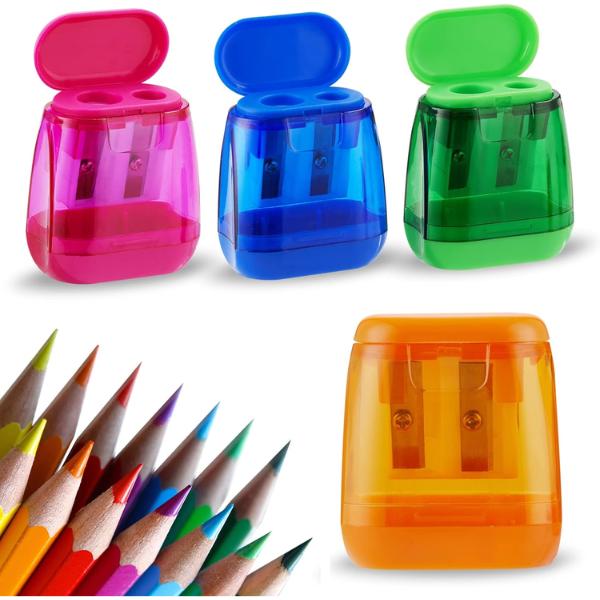 Pencil Sharpeners, 4 Pcs Dual Holes Colored Handheld Pencil Sharpener with Lid Students School Class Home Office rectangle pencil sharpener