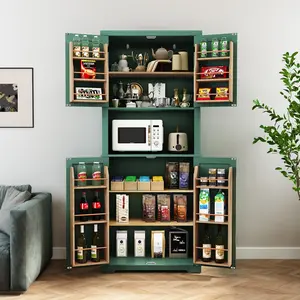 Aesthetic Green Pantry Cabinet with Ample Storage, Retro - Inspired Kitchen Storage Cabinet for Holding Microwave, Snacks & Groceries, Ideal for Home Cooks & Organizing Enthusiasts, Perfect for Kitchen, Dining Room, Basement