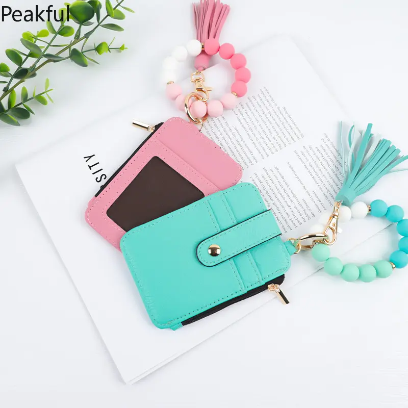 2026 Silicone bead pu leather key chain wristlet id credit card holder keychain wallet for women with bangle bracelet