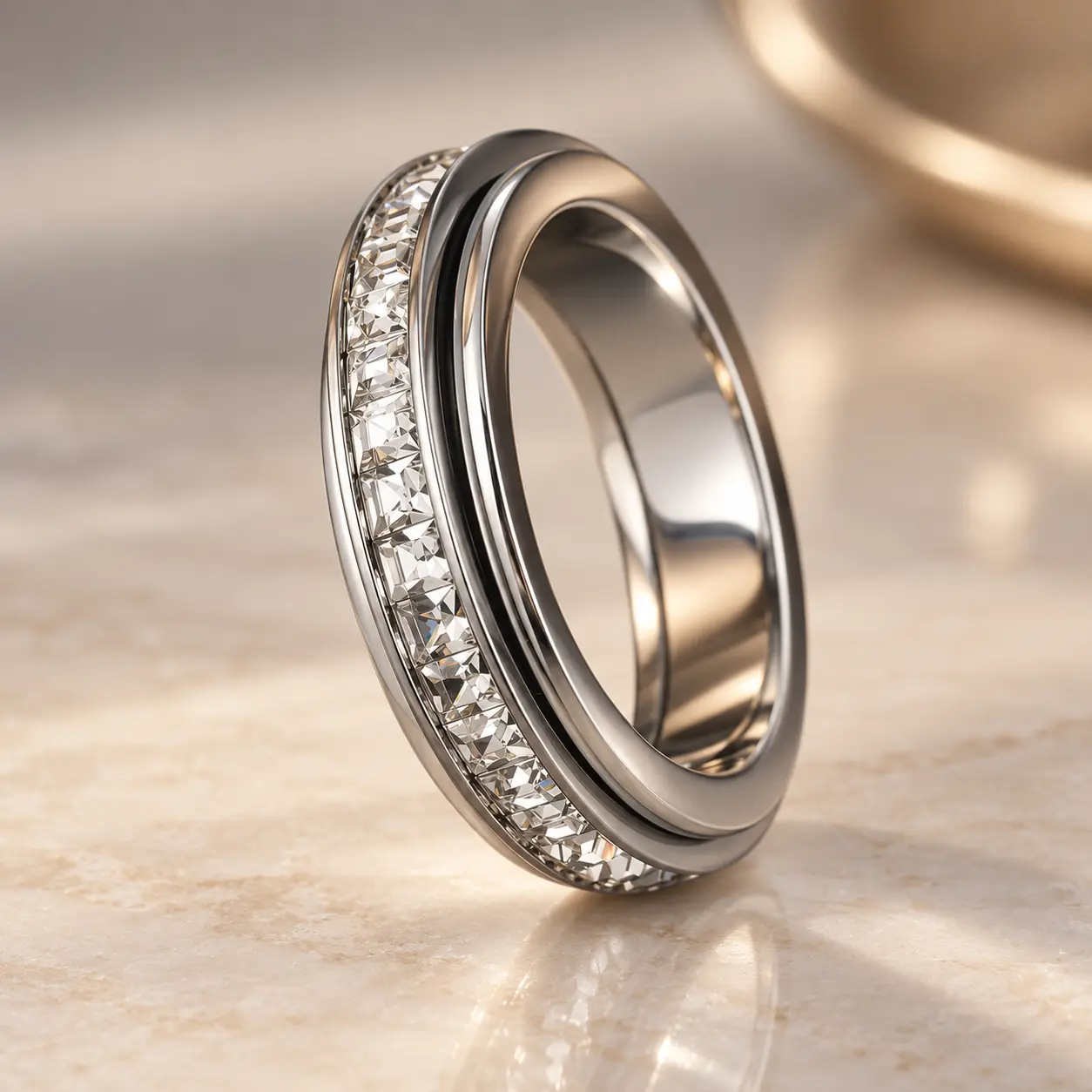 Spinner Fidget Ring for Women & Men, Stainless Steel Rotating Band with Cubic Zirconia, Comfort Fit, Sizes 5–12
