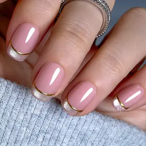 CurvLife Blush Glitz Press-On Nails – 30PCS Medium Square Fake Nails | Nude Pink with Gold Glitter Tips | Glossy Finish, Elegant & Long-Lasting | Easy to Apply, Comfortable & Perfect for Parties, Dates & Glam Occasions