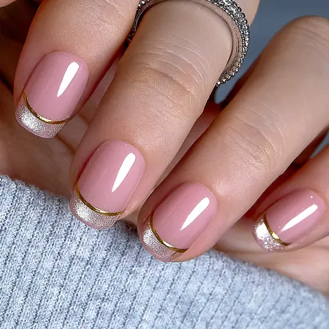 CurvLife Blush Glitz Press-On Nails – 30PCS Medium Square Fake Nails | Nude Pink with Gold Glitter Tips | Glossy Finish, Elegant & Long-Lasting | Easy to Apply, Comfortable & Perfect for Parties, Dates & Glam Occasions