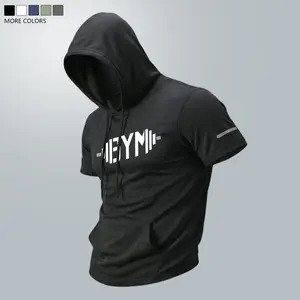 Men’s athletic short-sleeve hoodie with kangaroo pocket design, solid color breathable quick-dry fabric, casual men’s top, summer gift vibe