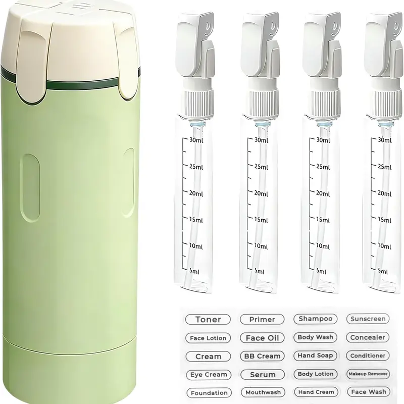 TSA Approved 4-in-1 Plastic Containers Pack - Compact, Leak-Proof, Lightweight Refillable Dispensers with Label Stickers for Shampoo, Lotion, Cosmetic Toiletry Organizer/Organiser