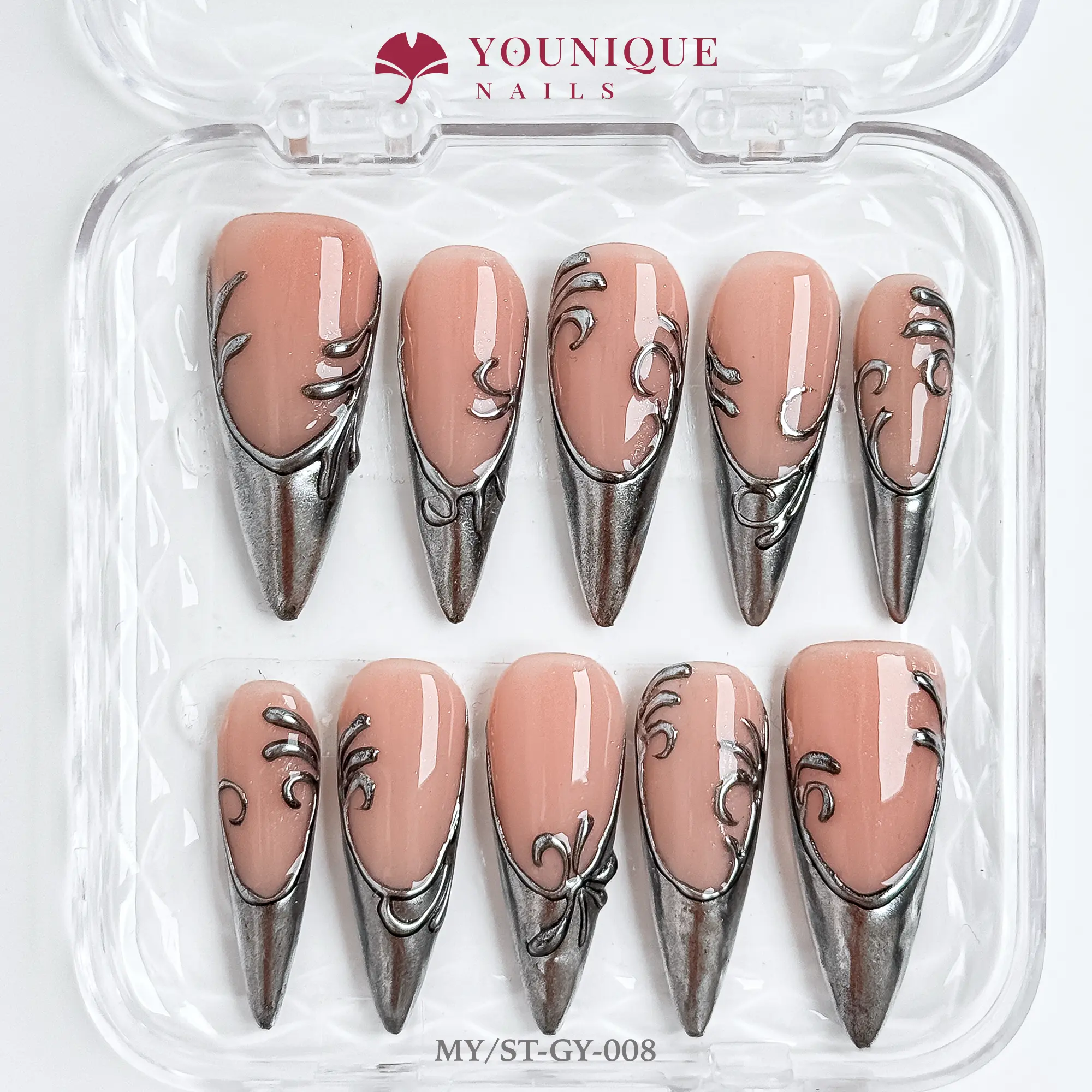 Younique Nails  | 10PCS 100% Handmade Press-On Nails | Reusable Colorful Art Glossy Design Acrylic Luxury Long Lasting 3D Stylish Office Wear Floral Embellished Rhinestone salon-quality