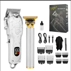 LQT 2-Piece Professional Cordless Men's Grooming Kit - 2000mAh Rechargeable Hair Clipper & Detail Trimmer Set with LED Digital Display, USB Charging, White & Gold Design for Home Haircuts & Beard Trimming