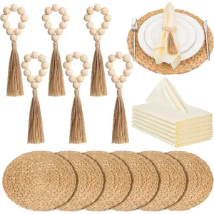 18 count Boho Woven Placemats  Bead Napkin Rings with Dinner Napkins Cloth 13.8 Inch Round Water Hyacinth Placemat Farmhouse Rustic Table Chargers Wooden Dinner Ring for Wedding Thanksgiving