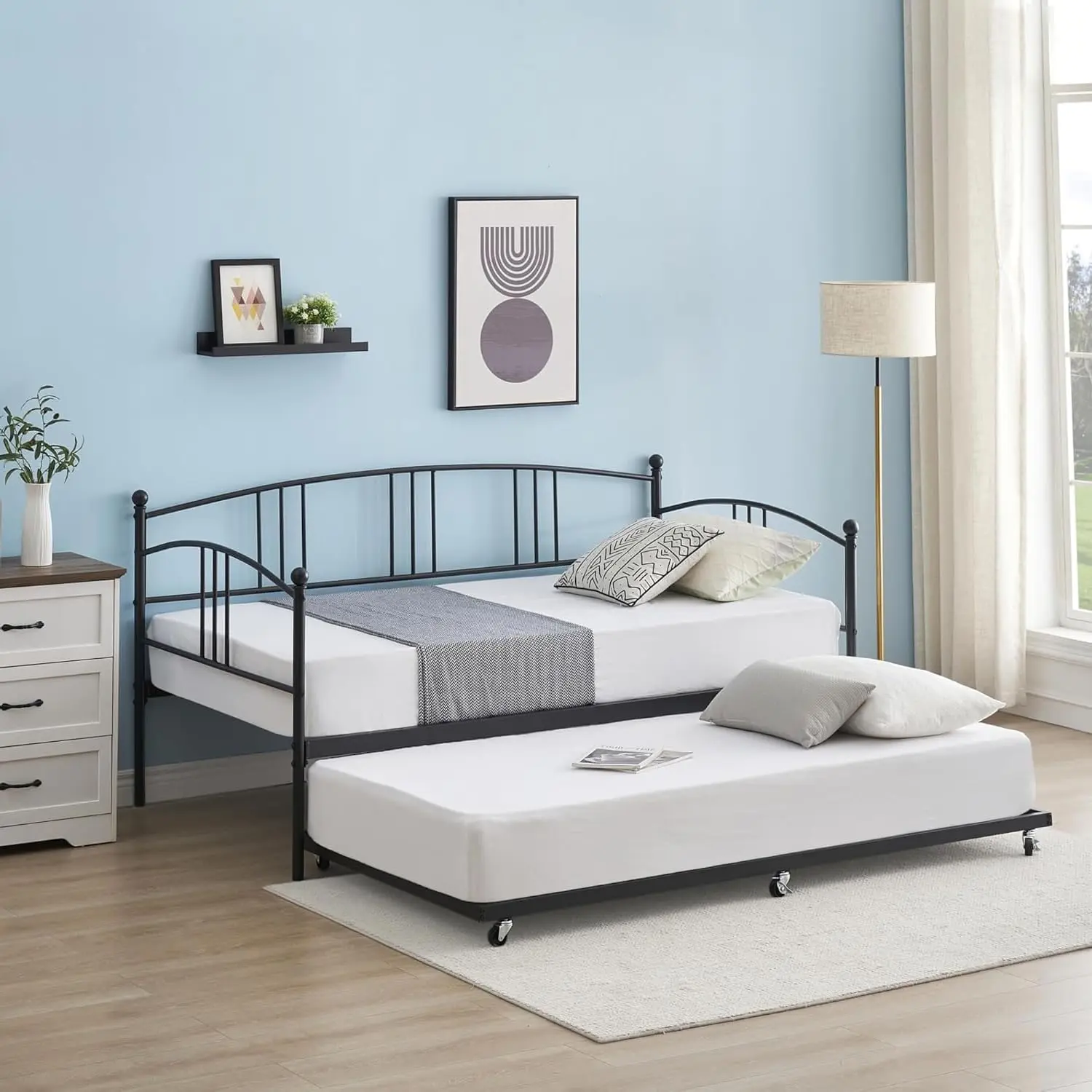 Black Twin Heavy-Duty Solid Steel Frame Daybed with Pullout Trundle - Contemporary Conversion Bed, Arched Headboard, Steel Slat Support, Guest Sofa, No Box Spring Needed, Easy Assembly Required, Pull Out Bed, Metal Frame