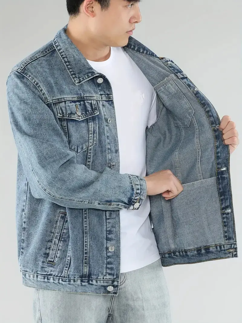 Men's Cotton Longsleeve Light Wash Denim Jacket - Classic Fit, Lightweight Menswear Clothes, Casual Coat, Longsleeves