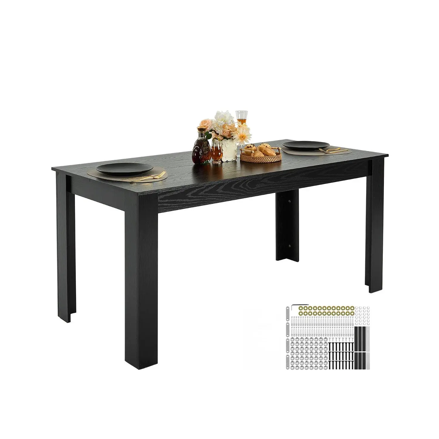 VEVOR 63in Rectangular Dining Table, Large Wood Piece for 4-6 People Family Meals, Modern Home Kitchen Furniture with Assembly Guide & Quick Setup, 330LBS Capacity Conference Desk, Black (Only Table)