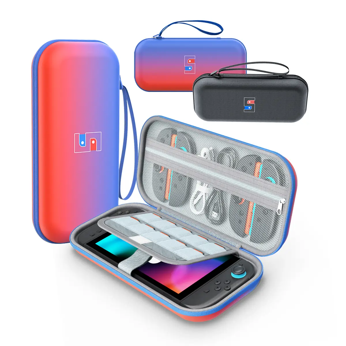 Gradient Red Blue Switch 2 Carrying Case, Hard Shell PU EVA Protective Travel Bag, Compatible with Nintendo Switch/Switch OLED/Switch 2, 10 Game Card Slots Shockproof Waterproof Storage Case